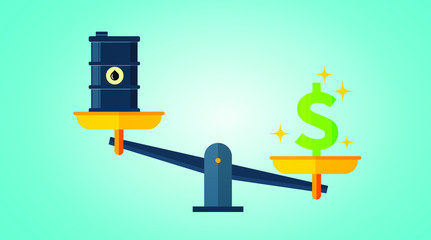 Oil Crisis Concept. Barrel on a scale vs Dollar sign. Oil price falling down