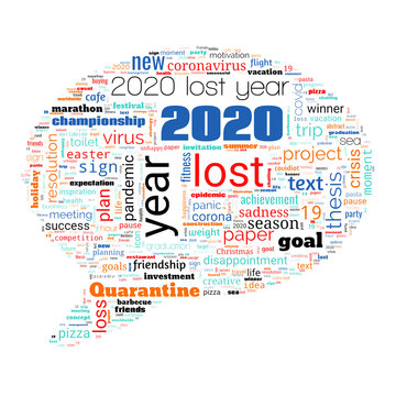 Lost year 2020 concept. Word cloud on theme lost year 2020 in bubble shape on white