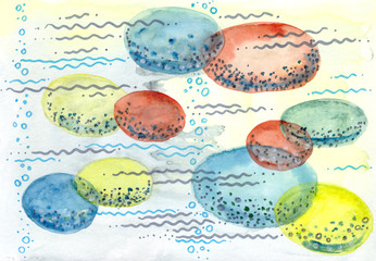 Abstract colored background multicolored rounded stones under a layer of water.