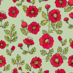 Seamless pattern of red colors burgundy rosehip flowers with leaves on a light green background.