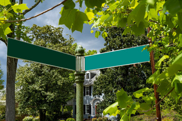 Blank street corner sign in residential neighborhood among sycamore trees.