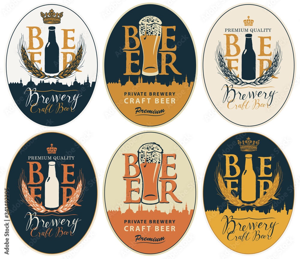 Poster set of vector labels for craft beer and breweries in oval frames in retro style. labels with overflo