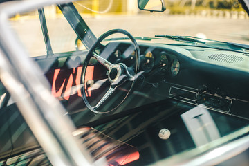 Interior of a black classic retro car