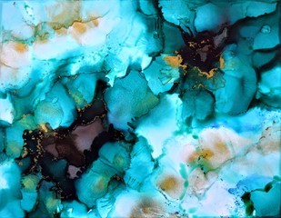 'Turquoise Borealis' abstract art alcohol ink painting by artist Amber Lamoreaux
