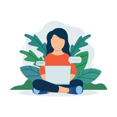 Fototapeta na wymiar Woman with laptop sitting in nature and leaves. Concept illustration for working, freelancing, studying, education, work from home. Vector illustration in flat cartoon style