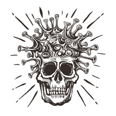 COVID-19 - virus - human skull hand drawn black sketch.