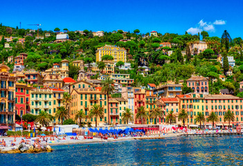 Panorama of Santa Margherita Ligure which is popular touristic destination in summer - obrazy, fototapety, plakaty