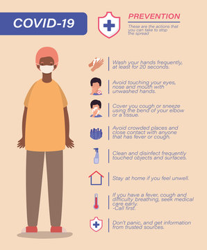 Covid 19 virus prevention tips and man avatar with mask vector design