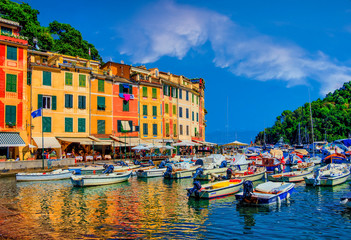 Fototapeta premium Italian city of Portifino with beautiful blue coastline and colorful buildings