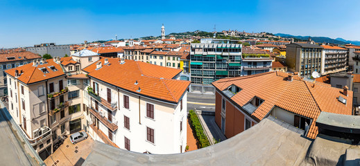 Panoramic skyline view of Bergamo city, Lombardy, Italy. Bergamo old town or upper town (Italian: Citta Alta) on the hill on background
