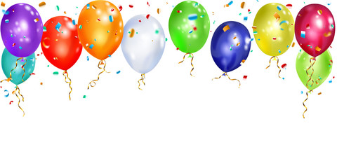 Illustration of colorful balloons with ribbons and shiny pieces of serpentine on white background