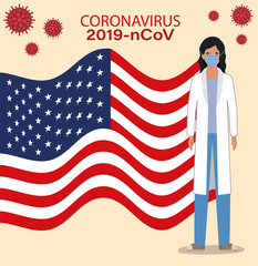 Coronavirus 2019 nCov woman doctor with mask uniform and usa flag vector design