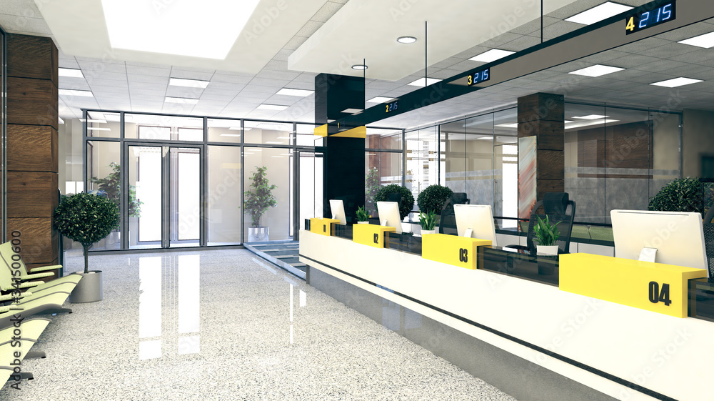 Wall mural customer stand large open space office perspective realistic 3d rendering