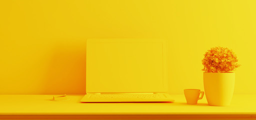 laptop screen on desk with plant yellow single color realistic 3D rendering