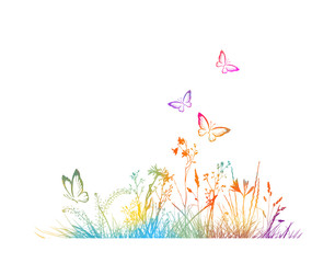 Fototapeta na wymiar picturesque silhouette of grass with butterflies on white background. Vector illustration