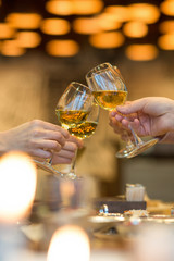 Clinking glasses with white wine and toasting.
