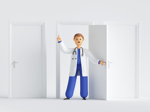 3d render, cartoon character doctor wearing uniform and stethoscope open door in hospital, pointing finger, medical background