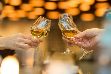 Clinking glasses with white wine and toasting.