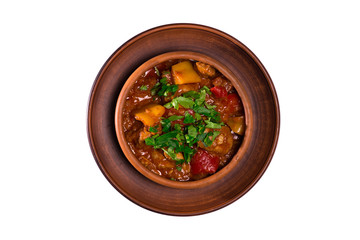 Chakhokhbili - Georgian traditional food. The dishes of Georgia, chicken with tomatoes and herbs