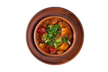 Chakhokhbili - Georgian traditional food. The dishes of Georgia, chicken with tomatoes and herbs