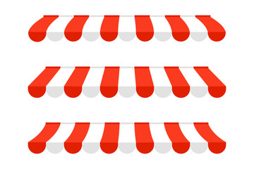 Set of Canopy Awning of Different Shapes with Shadows for Poster, Banner, Advertising. Realistic Red and white Tent sun shade for market. Roof canopy for shops, striped cafe awning - obrazy, fototapety, plakaty