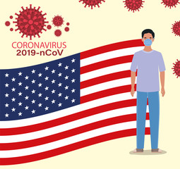 Coronavirus 2019 nCov man with mask and usa flag vector design
