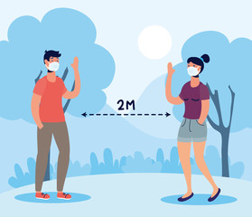 couple using face masks with social distancing for covid19