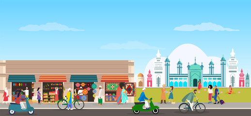 Vector of town from India with traditional buildings, people and street food market