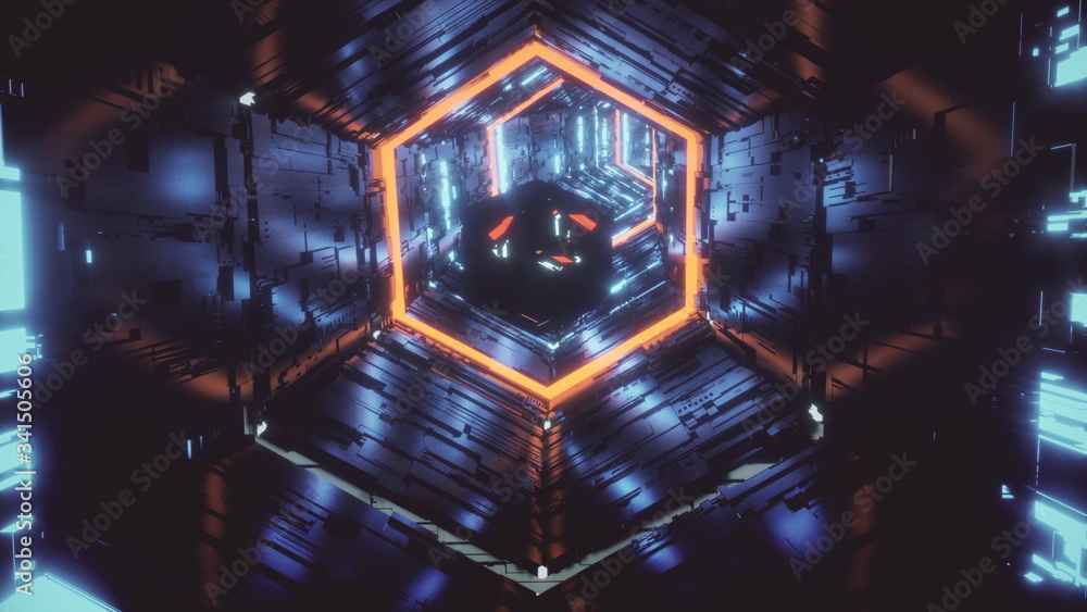 Poster abstract background video of a specular gem flying in the hexagon tunnel of bright blue and orange n