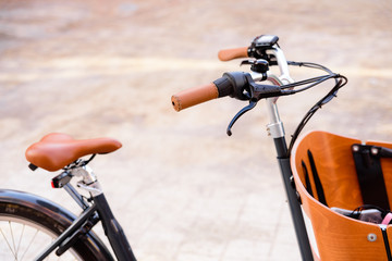 Detail of a bicycle with wooden cart to transport goods in a sustainable way.