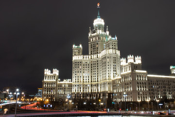 Fototapeta premium Night view of the skyscraper on Kotelnicheskaya Embankment, Russia, Moscow