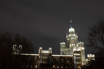 Fototapeta na wymiar Night view of the skyscraper on Kotelnicheskaya Embankment, Russia, Moscow