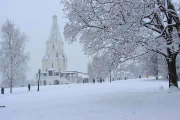 Church of the Ascension in Kolomenskoye estate during a snowfall, Russia, Moscow