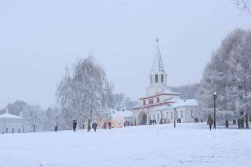 Front gate in Kolomenskoye estate during a snowfall, Moscow, Russia