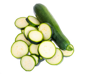Zucchini chopped slices on white background as package design element