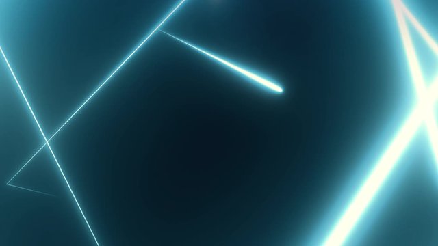 motion in neon triangle tunnel consisting of colorful blue lines on black background, 3d rendering 4K video