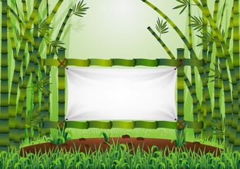 Vector bamboo empty decorative frame with tropical plant and green leaves . Cartoon banner with bamboo trees inside the forest . Asian natural jungle landscape background - Vector