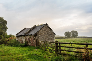 old brick barn in the countryside, Derbyshire, England.