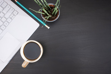 
Dark, wooden, office desk top view. On the table there is: a plant in a pot, karanadsh, a cup of coffee and a gray laptop
