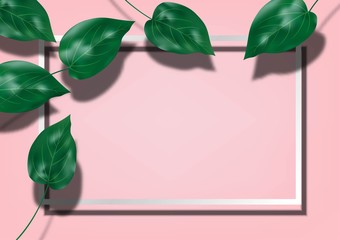 Green leaf tropical with frame for text sale banner advertising . Blank space jungle leaves natural plant on pink background for promotion . Vector illustration