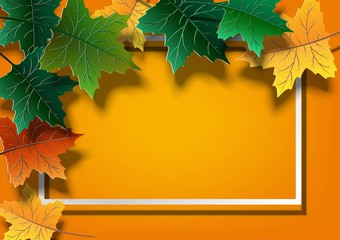 Autumn background, tree paper leaves with frame for promotion, yellow backdrop, design for fall season sale banner advertising, poster or thanksgiving day greeting card, festival invitation - Vector