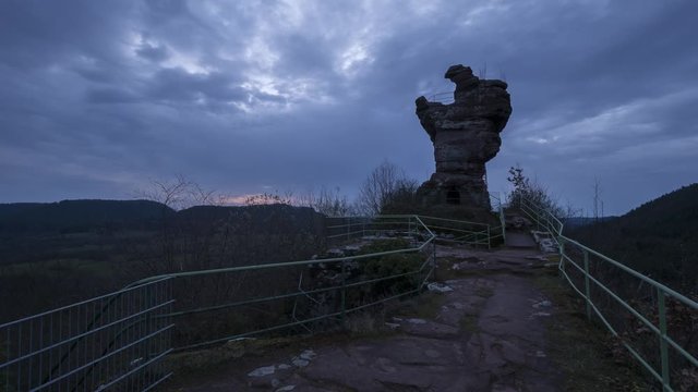 Timelapse video, sunrise, Drachenfels Castle, Palatine Forest, Rhineland Paltinate, Germany.
