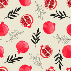 Seamless pomegranate pattern. Vector watercolor illustration with fruits and branches