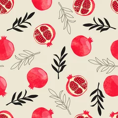 Fototapete Küche Nahtloses Granatapfelmuster. Vektor-Aquarell-Illustration mit Früchten und Zweigen