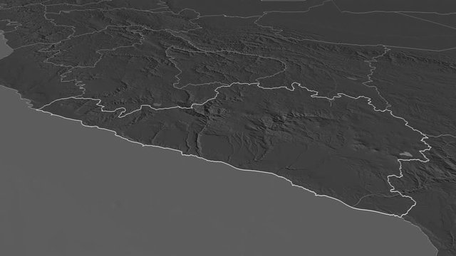 Arequipa, region with its capital, zoomed and extruded on the bilevel map of Peru in the conformal Stereographic projection. Animation 3D