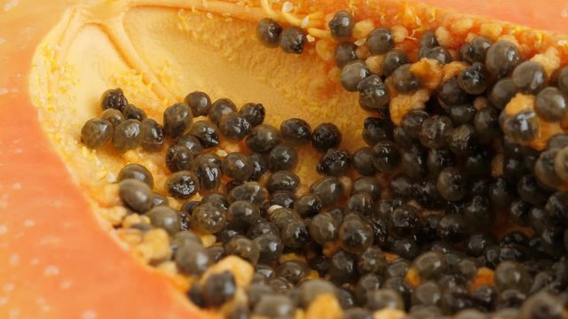 Top view of ripe half cut papaya. Rotating. Food background