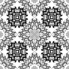 Geometric abstract vector seamless pattern. Black and white ornamental background. Repeat tribal ethnic backdrop. Modern ornate symmetrical ornaments. Geometrical shapes, lines, stripes, flowers