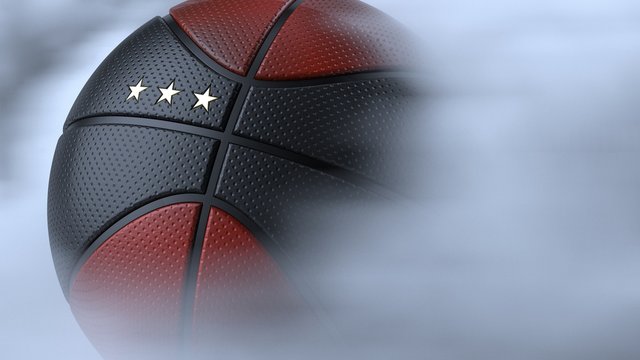 Black-Gold Basketball with three stars in brown toned foggy smoke background. 3D sketch design and illustration. 3D high quality rendering.