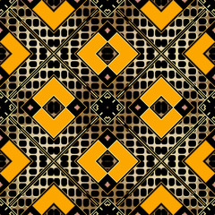 Geometric vector seamless pattern. Textured grid abstract gold background. Repeat colorful backdrop. Modern ornate symmetrical tribal ornaments. Geometrical shapes, lines, stripes, zigzag, rhombus