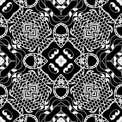 Lacy floral vector seamless pattern. Ornamental black and white background. Vintage greek style ornament. Lace design. Elegance patterned ornate texture. Ethnic abstract lace flowers, shapes, frames